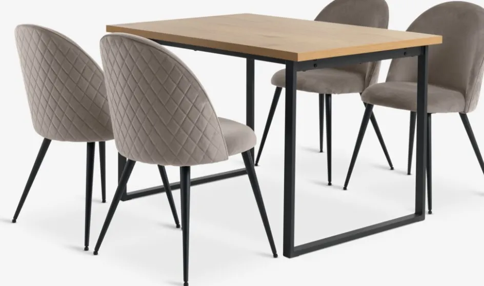 Hot AABENRAA + KOKKEDALMesa AABENRAA L120 roble + 4 sillas KOKKEDAL terciopelo gris Mesas De Comedor|Conjuntos De Comedor
