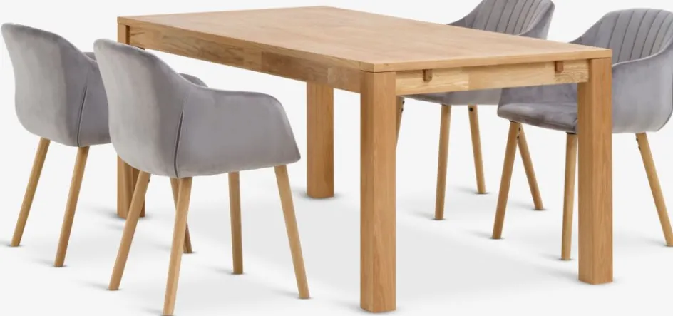 Hot HAGE + ADSLEVMesa HAGE L190 roble natural+4 sillas ADSLEV terciopelo gris Mesas De Comedor|Conjuntos De Comedor