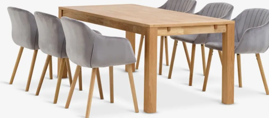 Hot HAGE + ADSLEVMesa HAGE L190 roble natural+4 sillas ADSLEV terciopelo gris Mesas De Comedor|Conjuntos De Comedor