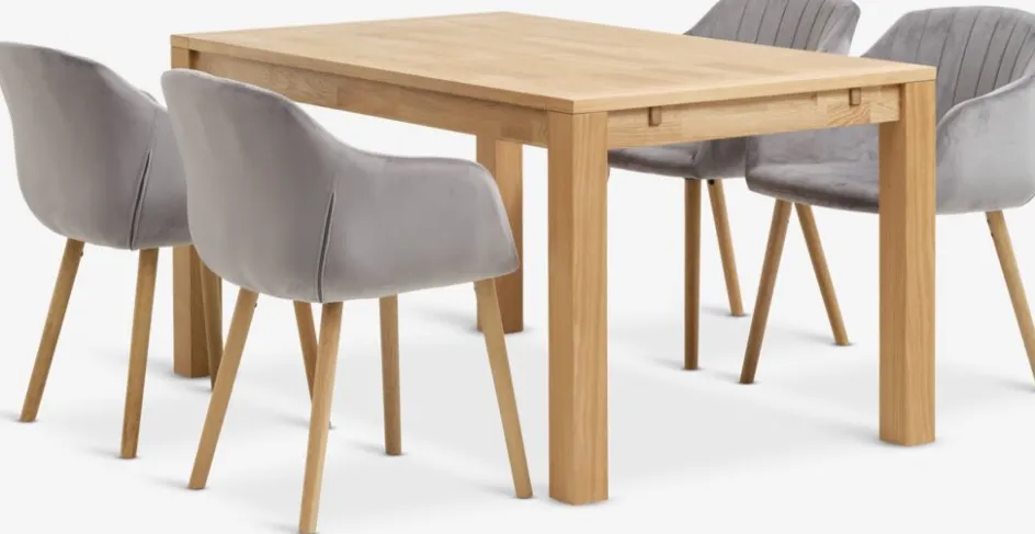 Sale HAGE + ADSLEVMesa HAGE L150 roble natural+4 sillas ADSLEV terciopelo gris Mesas De Comedor|Conjuntos De Comedor