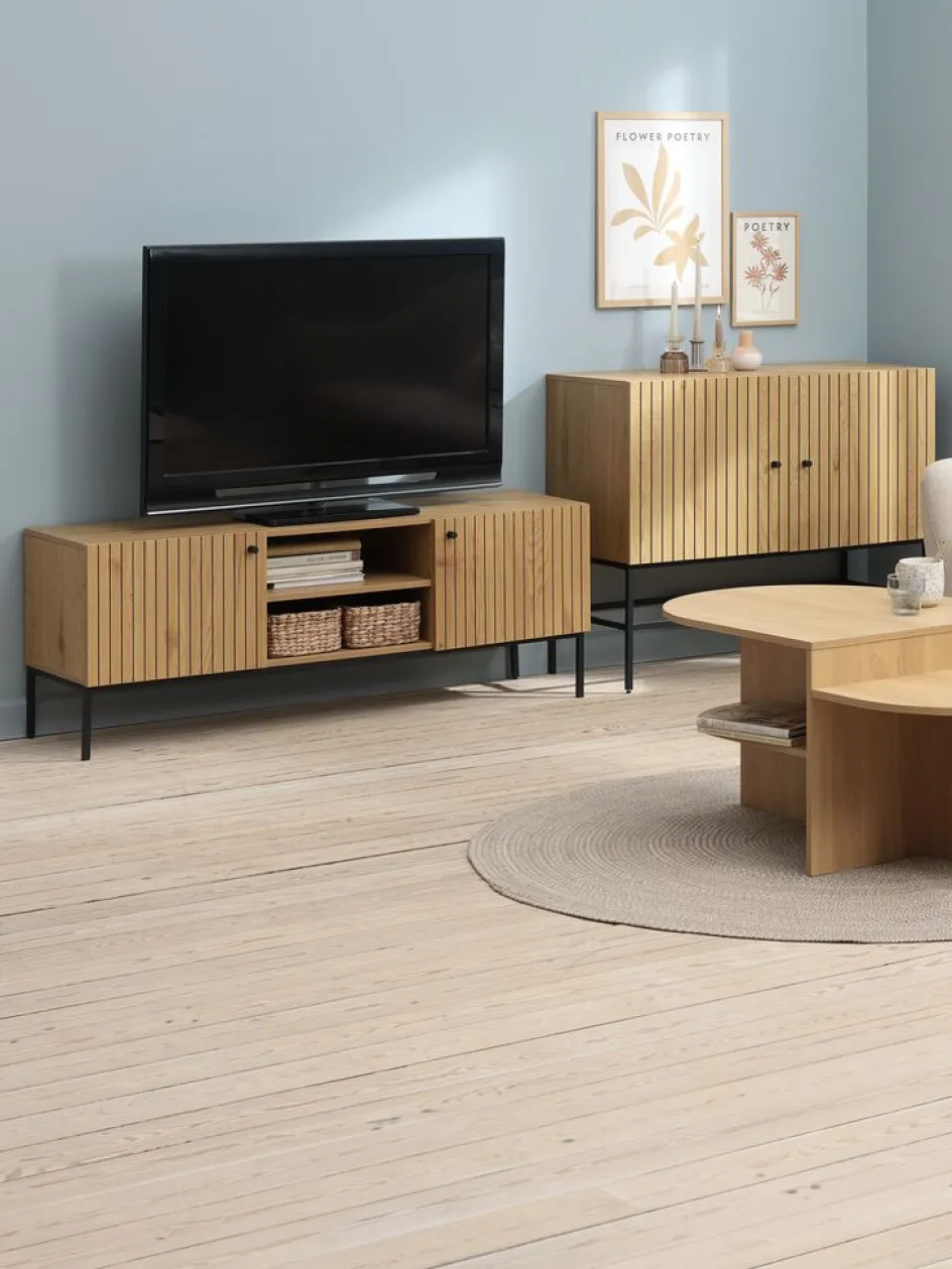 HEMDRUPMueble TV HEMDRUP 2 puertas color roble cálido/negro Muebles De TV