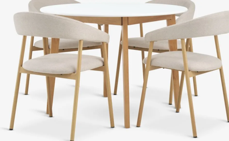 Online JEGIND + EJSINGMesa JEGIND Ø105 blanco + 4 sillas EJSING beis/roble natural Mesas De Comedor|Conjuntos De Comedor