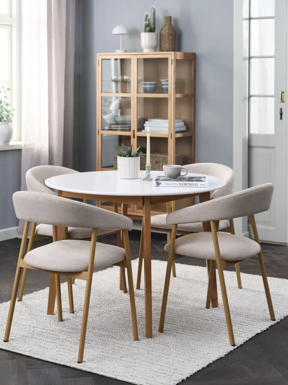 Online JEGIND + EJSINGMesa JEGIND Ø105 blanco + 4 sillas EJSING beis/roble natural Mesas De Comedor|Conjuntos De Comedor