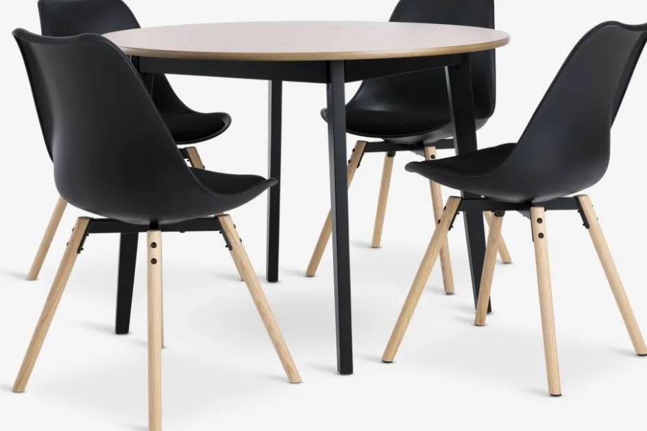 Discount JEGIND + KASTRUPMesa JEGIND Ø105 roble natural + 4 sillas KASTRUP negro Mesas De Comedor|Conjuntos De Comedor