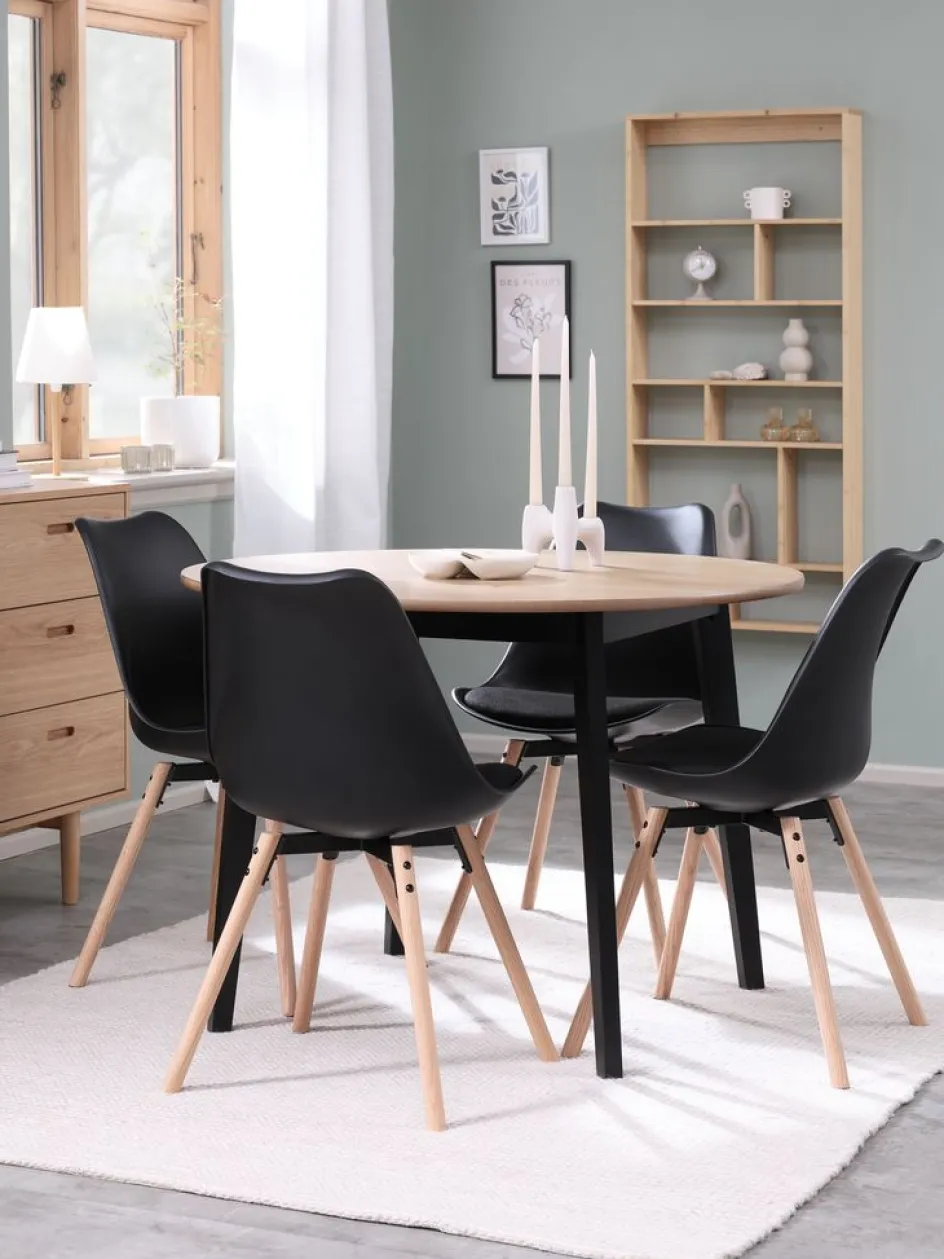Discount JEGIND + KASTRUPMesa JEGIND Ø105 roble natural + 4 sillas KASTRUP negro Mesas De Comedor|Conjuntos De Comedor