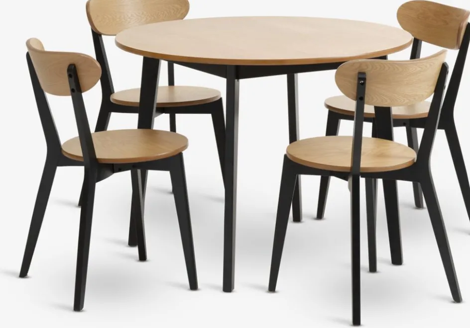 Discount JEGINDMesa JEGIND Ø105 roble natural + 4 sillas JEGIND roble/negro Mesas De Comedor|Conjuntos De Comedor