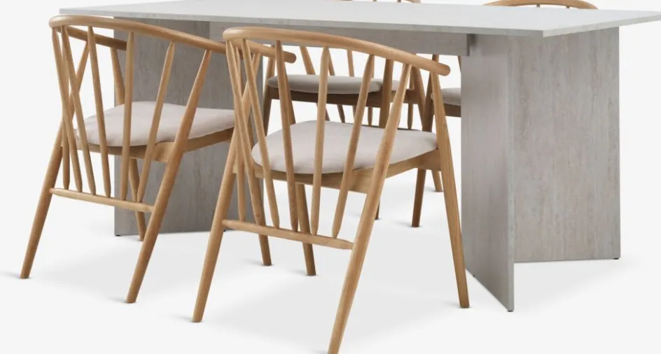 Sale KRONDAL + LYKSBORGMesa KRONDAL L180 travertino + 4 LYKSBORG roble natural Mesas De Comedor|Conjuntos De Comedor