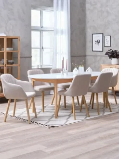 Outlet MARSTRAND + ADSLEVMesa MARSTRAND L200/280 blanco + 4 sillas ADSLEV beis Mesas De Comedor|Conjuntos De Comedor
