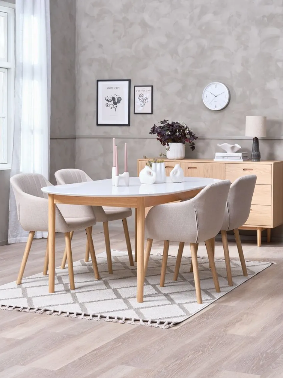 Clearance MARSTRAND + ADSLEVMesa MARSTRAND L200/280 blanco + 4 sillas ADSLEV beis Mesas De Comedor|Conjuntos De Comedor
