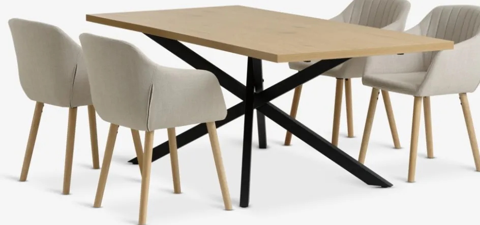 Clearance NORTOFT + ADSLEVMesa NORTOFT L200 roble cálido + 4 sillas ADSLEV tela beis Mesas De Comedor|Conjuntos De Comedor