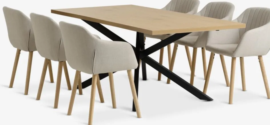 Clearance NORTOFT + ADSLEVMesa NORTOFT L200 roble cálido + 4 sillas ADSLEV tela beis Mesas De Comedor|Conjuntos De Comedor