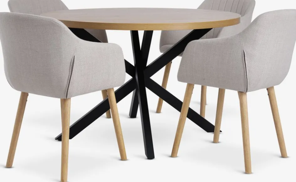 Outlet NORTOFT + ADSLEVMesa NORTOFT Ø120 roble cálido + 4 sillas ADSLEV beis Mesas De Comedor|Conjuntos De Comedor