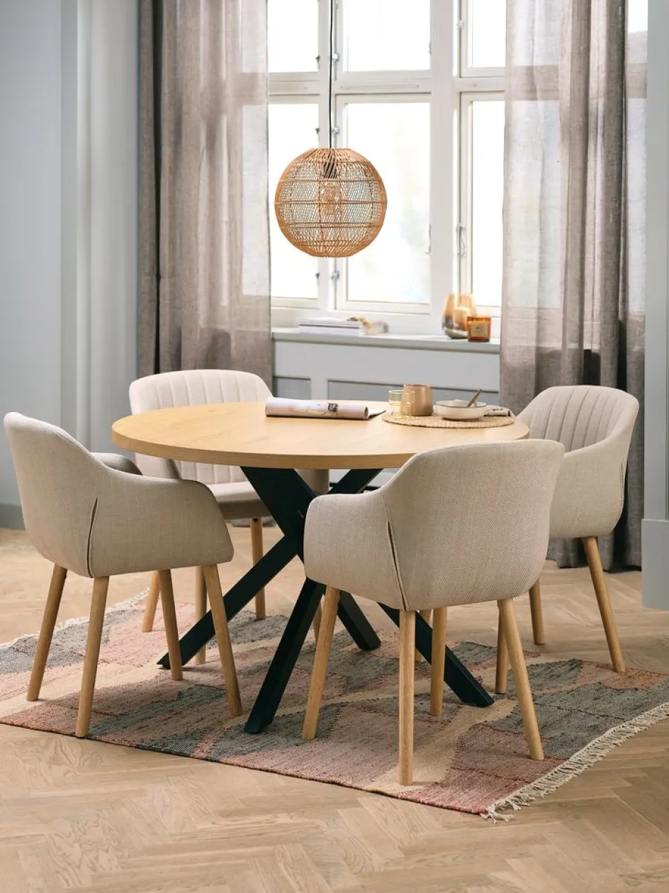 Outlet NORTOFT + ADSLEVMesa NORTOFT Ø120 roble cálido + 4 sillas ADSLEV beis Mesas De Comedor|Conjuntos De Comedor