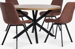 Outlet NORTOFT + HYGUMMesa NORTOFT Ø120 roble cálido + 4 sillas HYGUM marrón/negro Mesas De Comedor|Conjuntos De Comedor